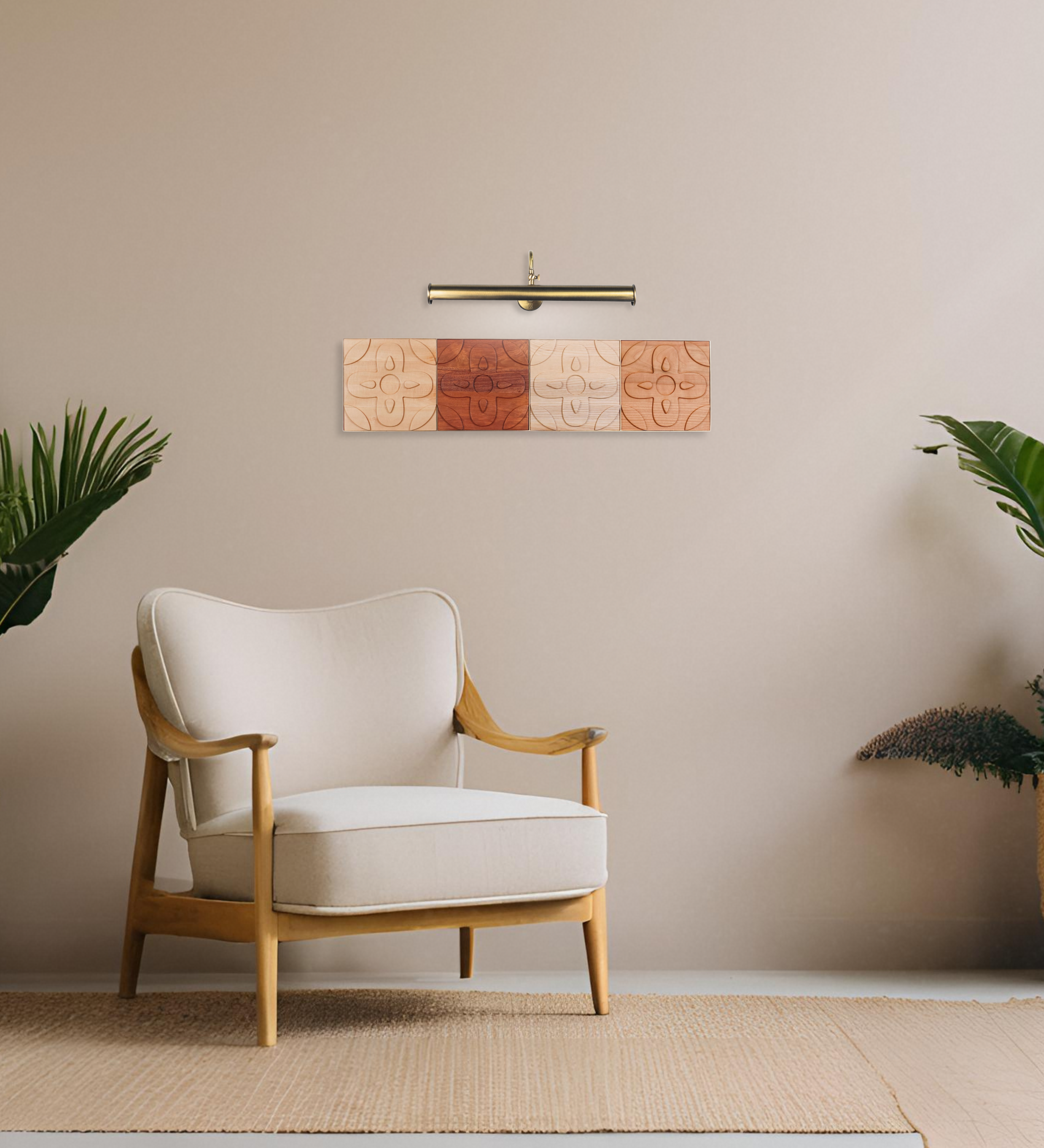 Painel Chacota 1x4 | Várias Madeiras e Latão Escovado