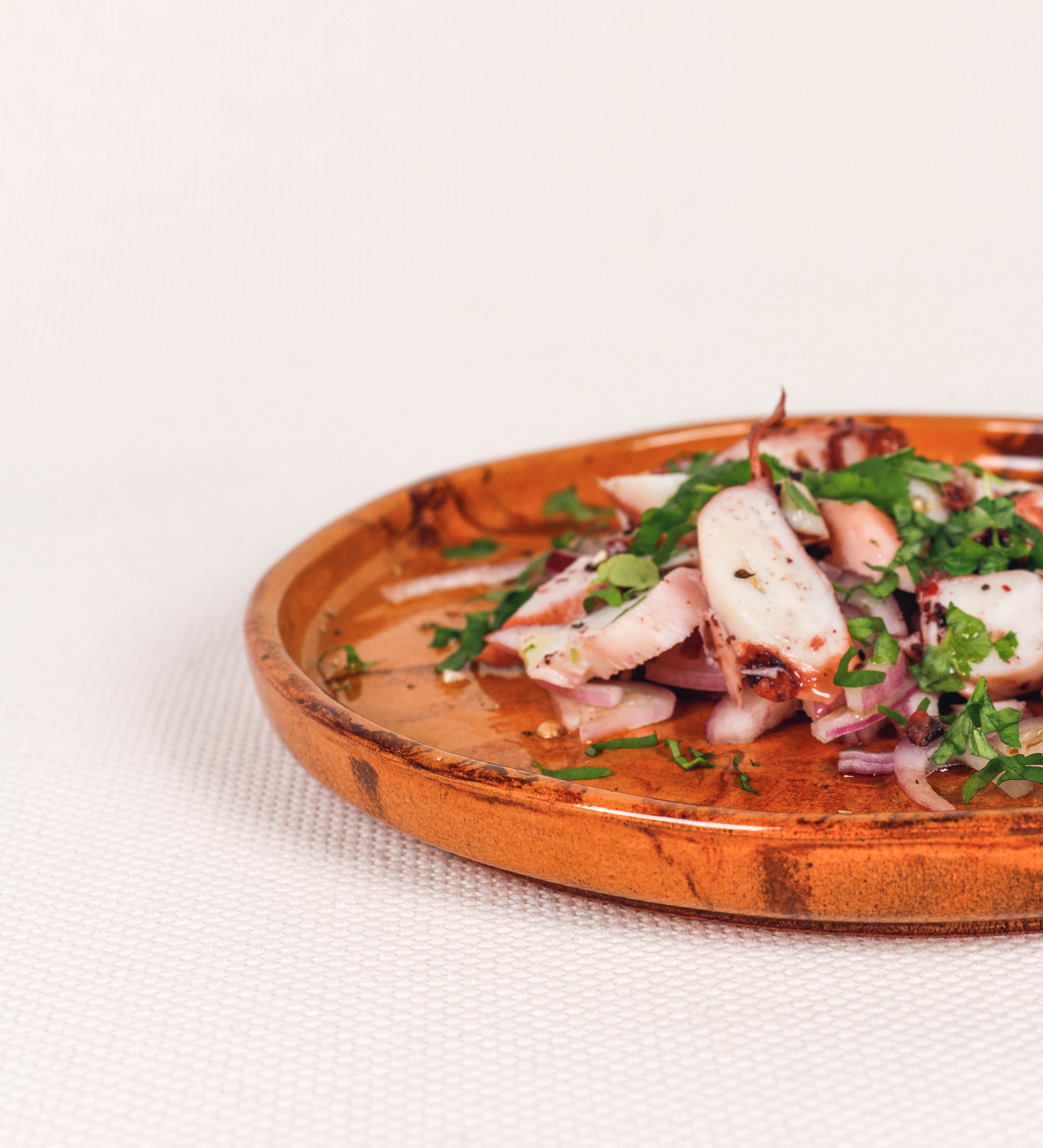 Prato de aperitivos com design minimalista e distinto. O prato é de barro, com uma mistura de dois tipos de barro diferentes, um mais escuro e outro mais claro. Esta mistura cria um desenho de formas abstratas e aleatórias, que se espalham por todas as superfícies do prato. Tem acabamento vidrado castanho translúcido, escurecendo as cores originais dos barros misturados. A forma do prato é circular, com uma borda envolvente de altura baixa e design simples e minimalista. 